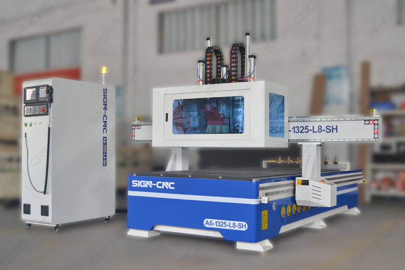 A6-1325-L8-SH Woodworking CNC Router with Cutting Saw and horizontal spindle